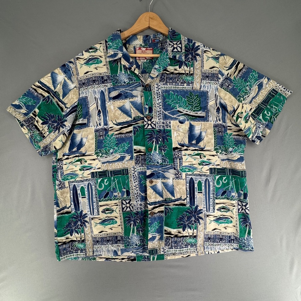RJC Hawaiian Shirt Mens 2X Blue Green Tropical Sailboard Block Print Made in USA
